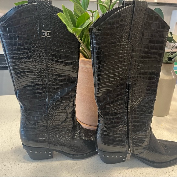 Sam Edelman Black Leather Cowboy Western Boots with Crocodile-Embossed Pattern - Picture 6 of 7